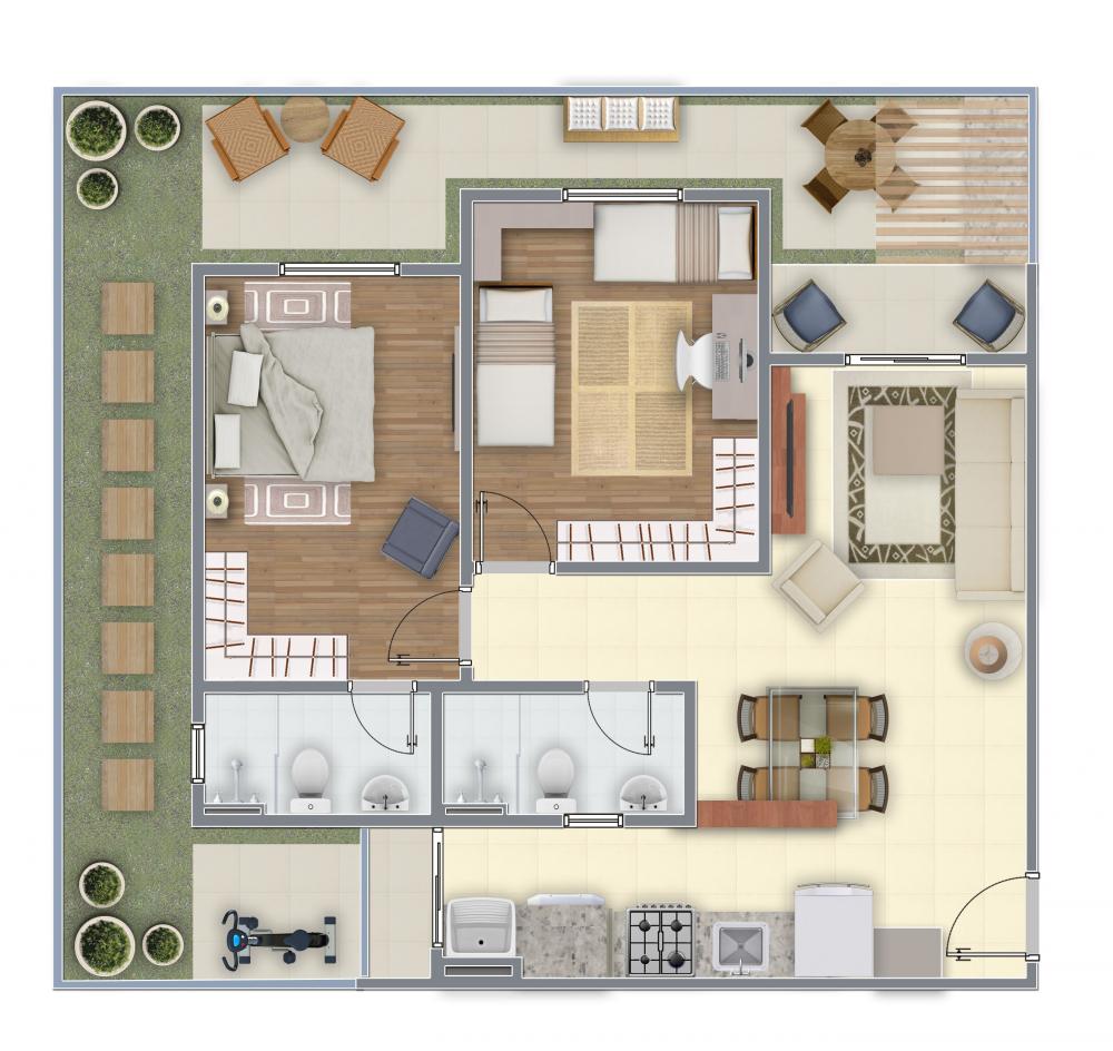 Apartamento TÉRREO com quintal, possuí 82,26m² de área útil, conta com 02 dormitórios sendo uma suíte, cozinha, lavanderia, sala e 02 vagas cobertas. Piso porcelanato.